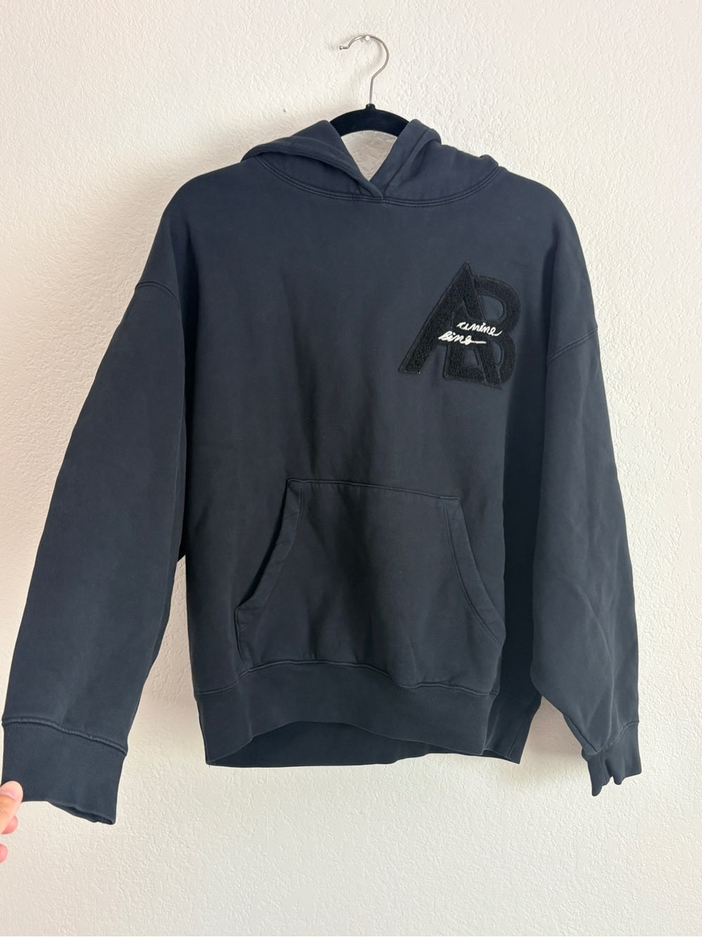 NWT Anine Bing Jaci Black Logo Patch Hoodie in Vintage Black (L)
