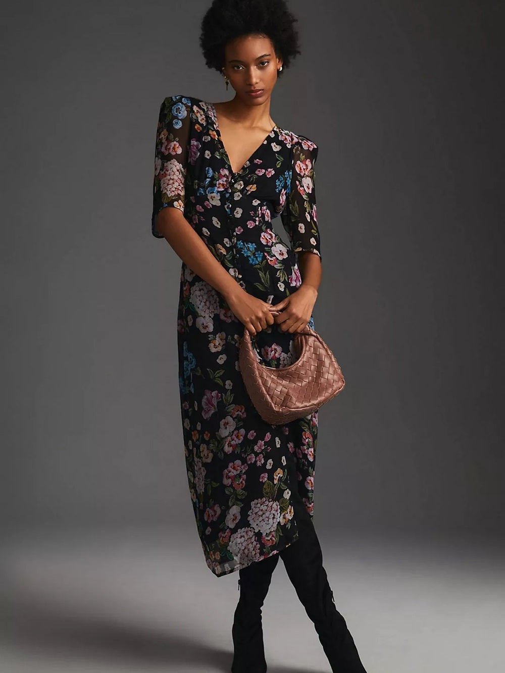 Anthropologie Maeve Floral Puff Sleeve V-Neck Black Midi Dress (2)