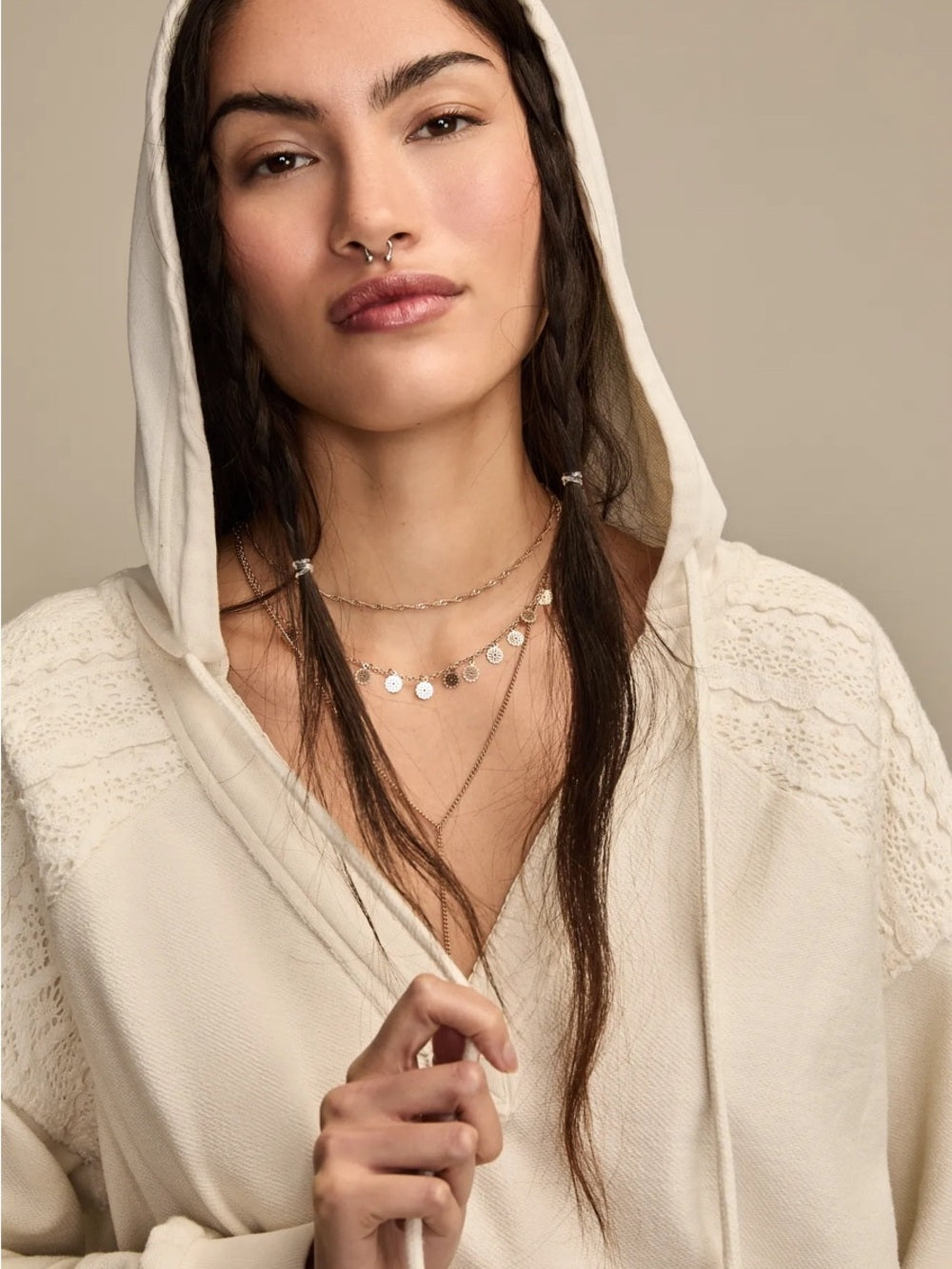 NWT Lucky Brand Crochet Trim Baja Hoodie