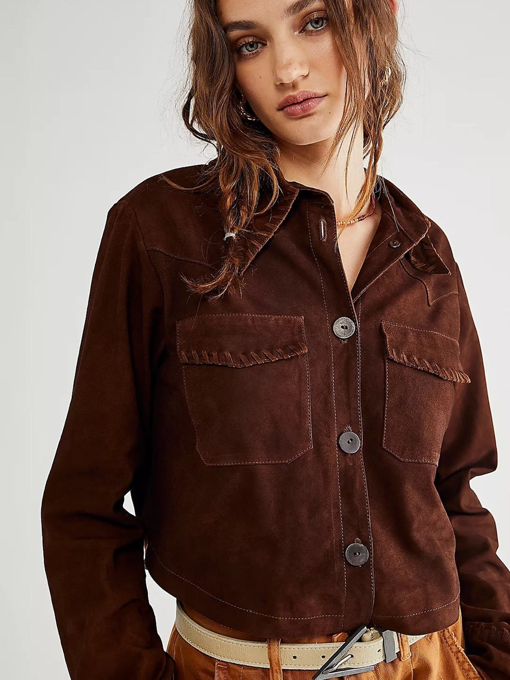 Free People x Brenda Knight Suede Lambskin Chocolate Brown Cropped Jacket (M)