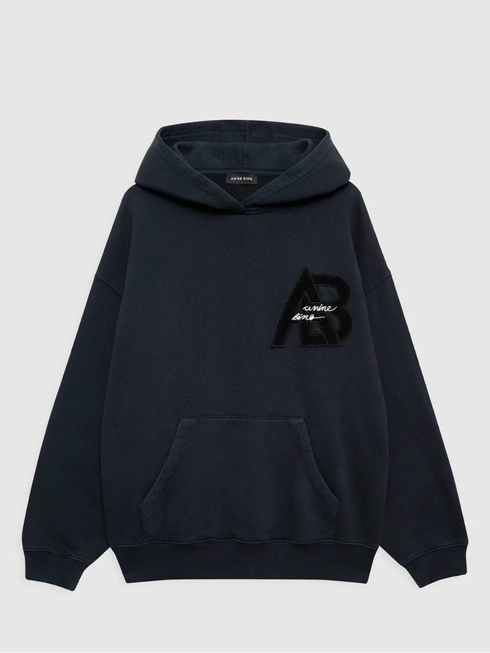 NWT Anine Bing Jaci Black Logo Patch Hoodie in Vintage Black (L)