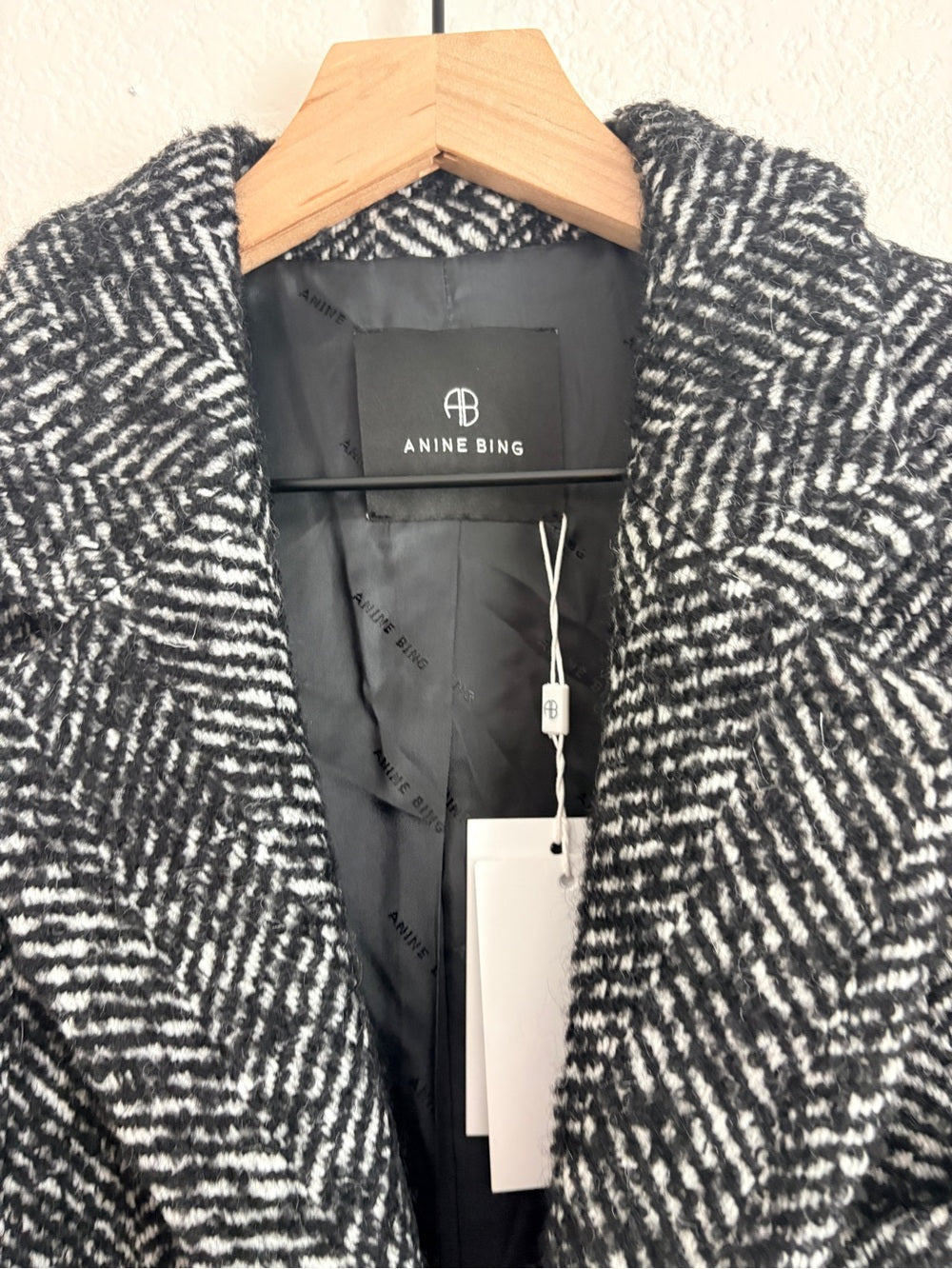 NWT Anine Bing Quinn Wool Long Herringbone Tweed Coat in Black and White (L)
