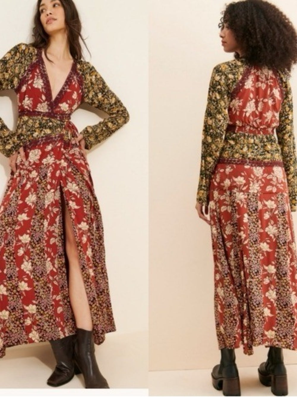 Free People Tilda Patchwork Bohemian Rust Floral Wrap Maxi Dress (M)