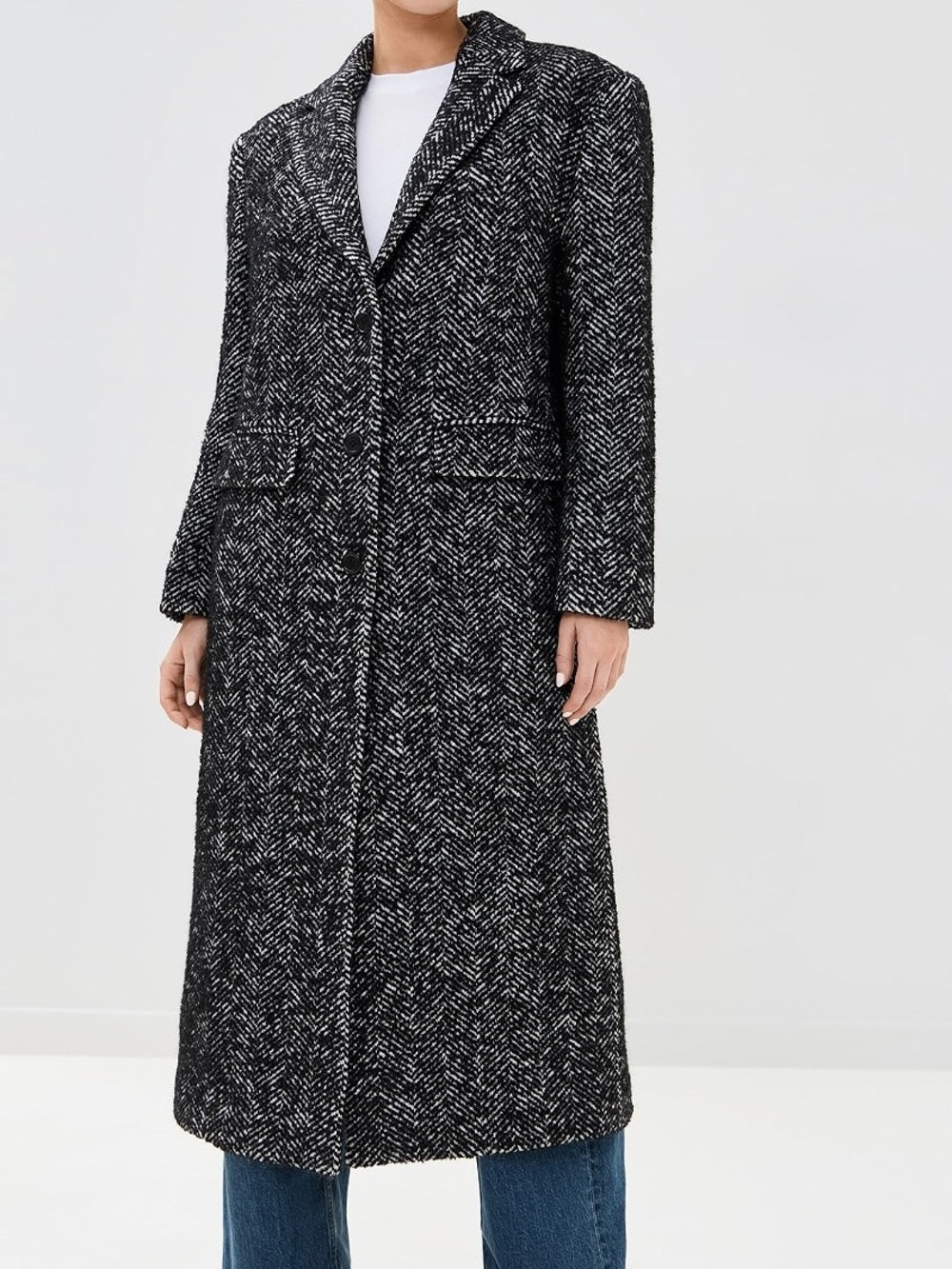 NWT Anine Bing Quinn Wool Long Herringbone Tweed Coat in Black and White (L)