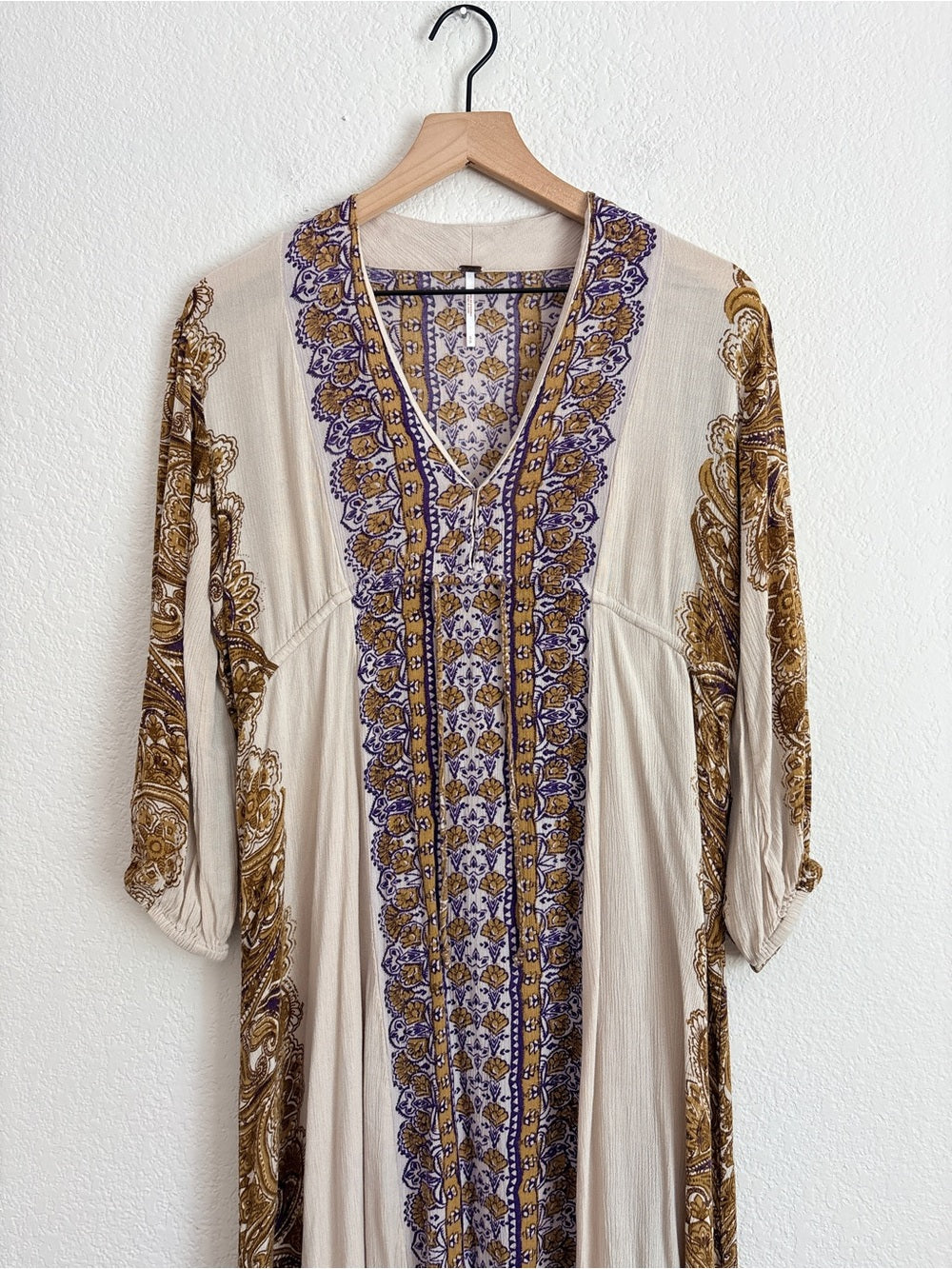 Free People Azalea Bohemian Cream Maxi Dress with Gold Paisley Trim (S)