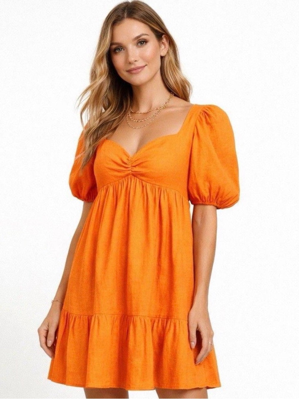 Gianni Bini Linen Orange Puff Sleeve Mini Dress Summer Dress (4)