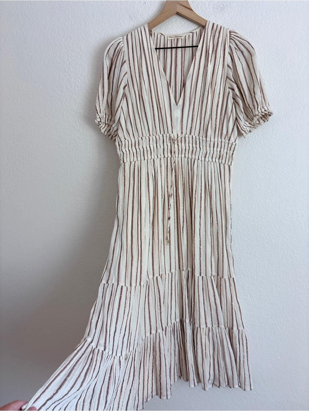 Ulla Johnson Striped Cotton Lurex V-Neck Midi Dress (M)