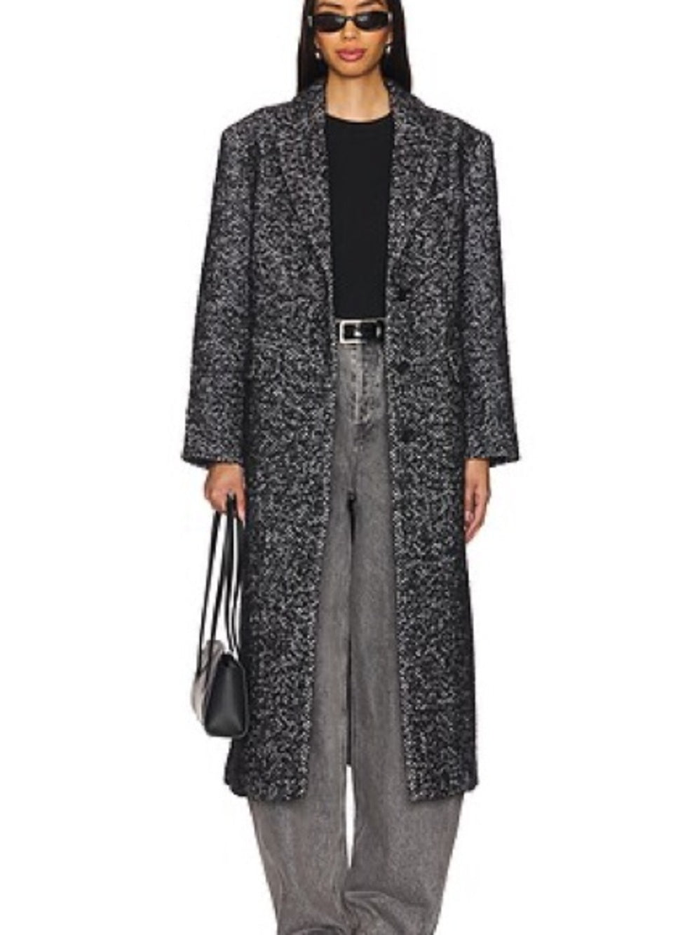 NWT Anine Bing Quinn Wool Long Herringbone Tweed Coat in Black and White (L)