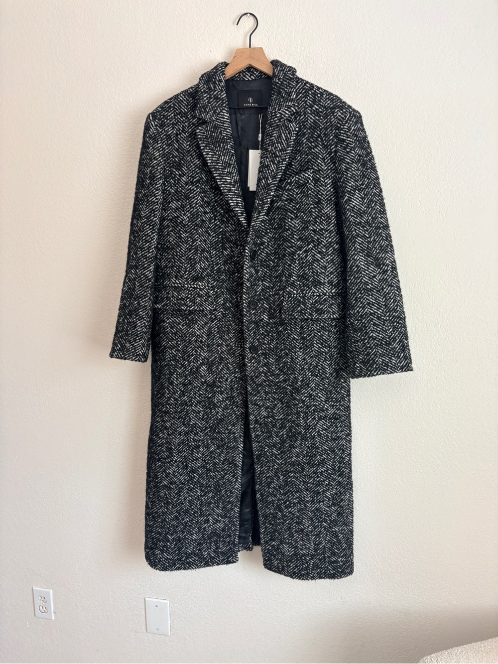 NWT Anine Bing Quinn Wool Long Herringbone Tweed Coat in Black and White (L)