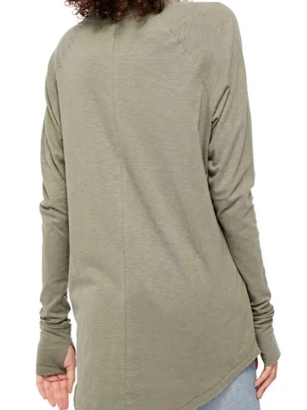 Free People Cotton Long Sleeve Crewneck Top in Olive Green (L)