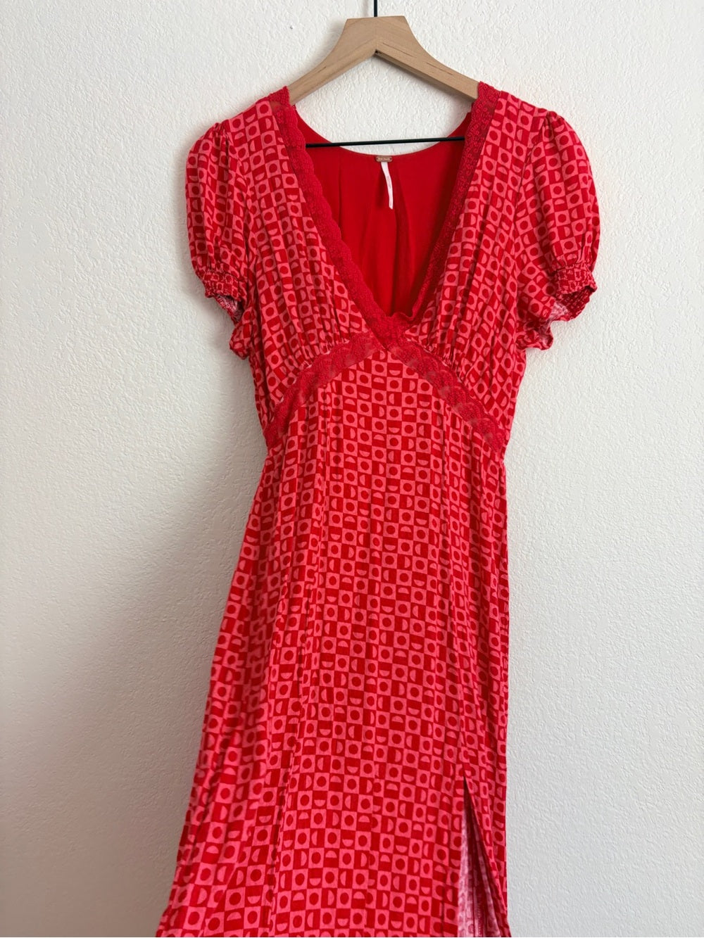 Free People Marley Red Printed V-Neck Dress with Side Slit (S)