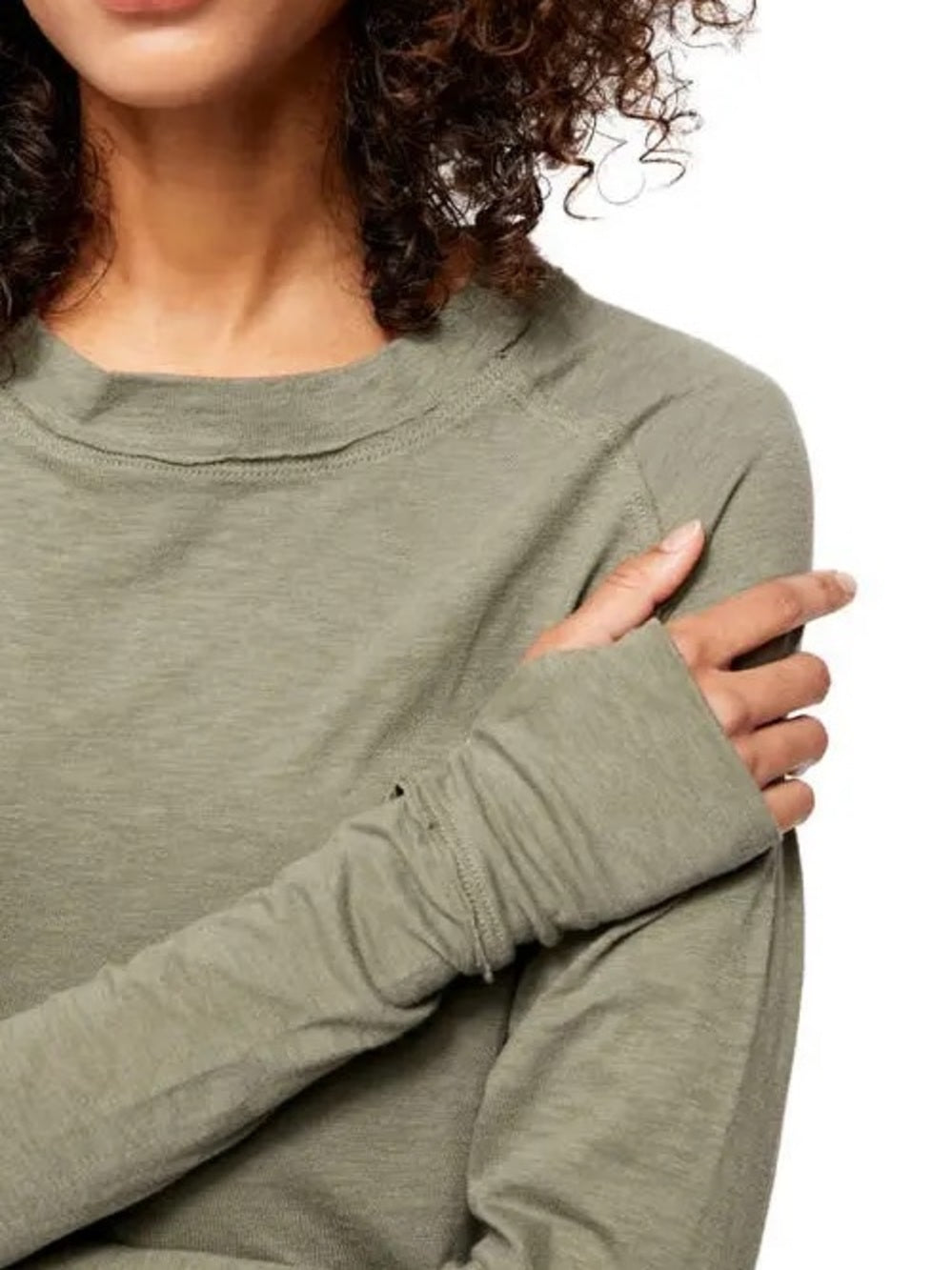 Free People Cotton Long Sleeve Crewneck Top in Olive Green (L)