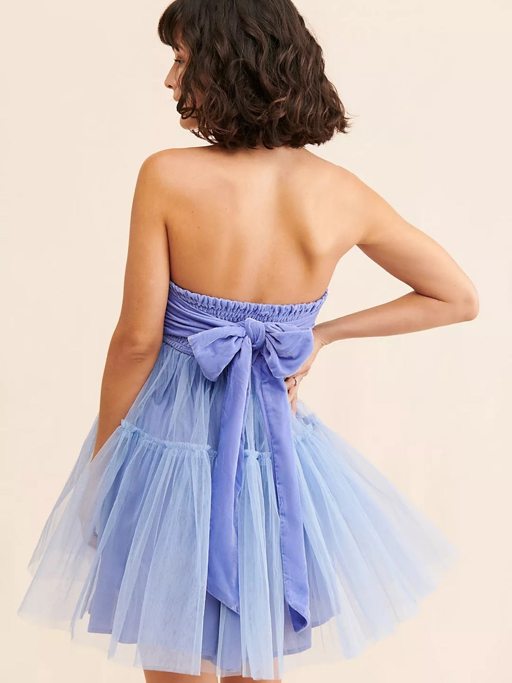 Free People Theo Puff Strapless Light Blue Tulle Mini Dress (M)