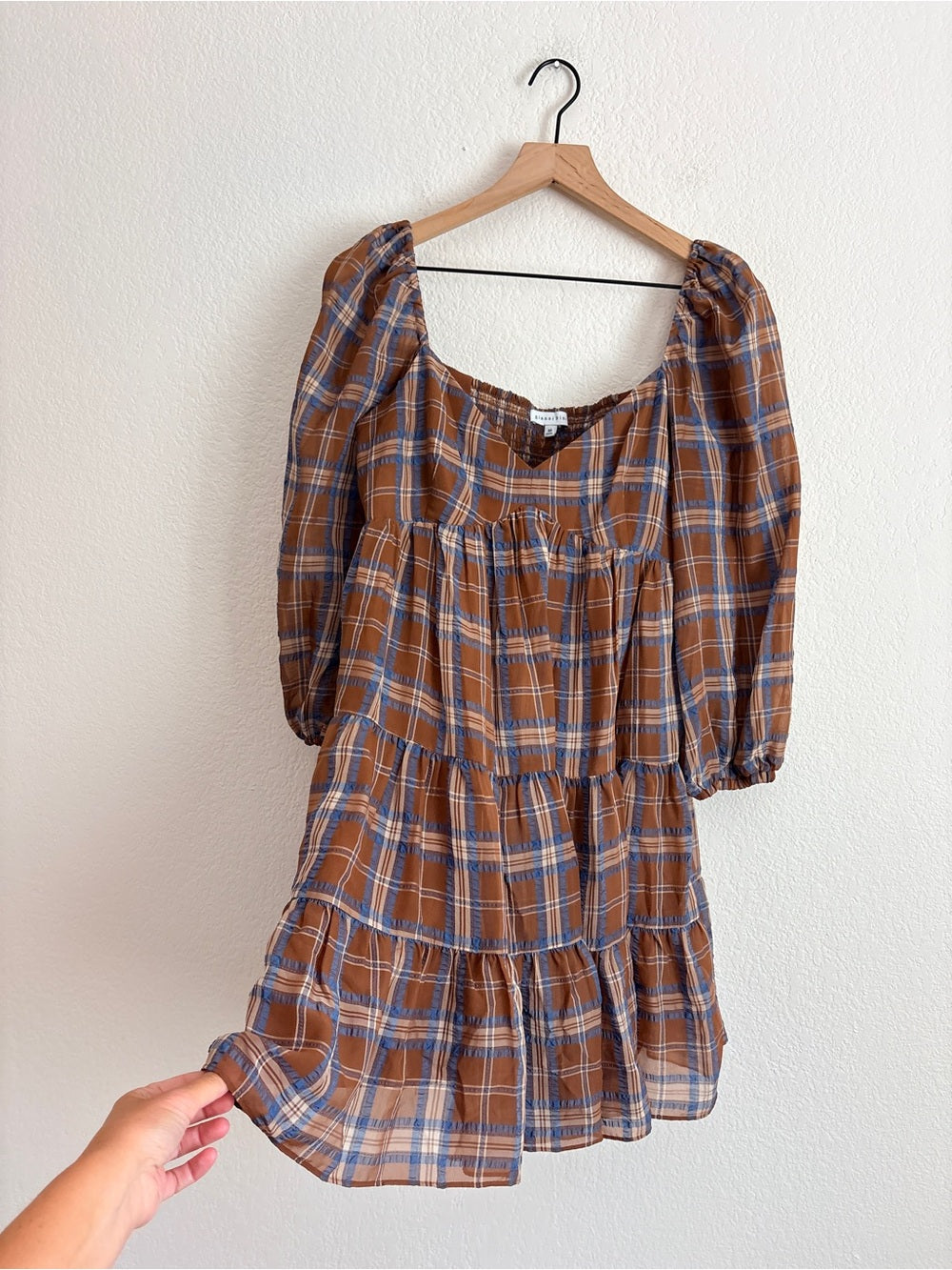 Gianni Bini Fall Plaid Puff-Sleeve Tiered Mini Dress Brown (M)