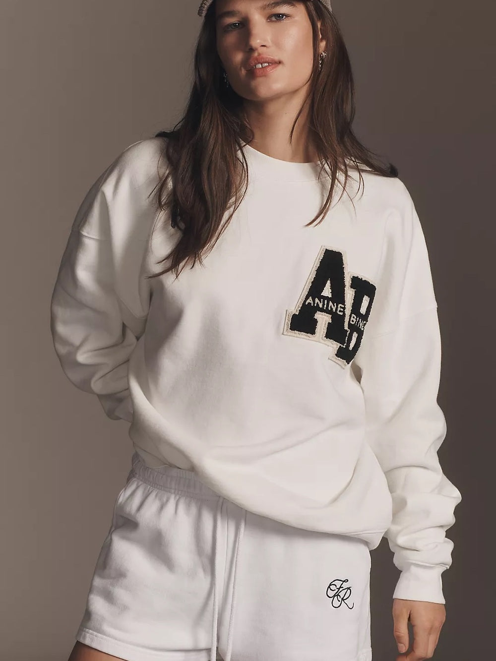 NWT Anine Bing Miles Oversized White Logo Patch Crewneck Sweatshirt (L)
