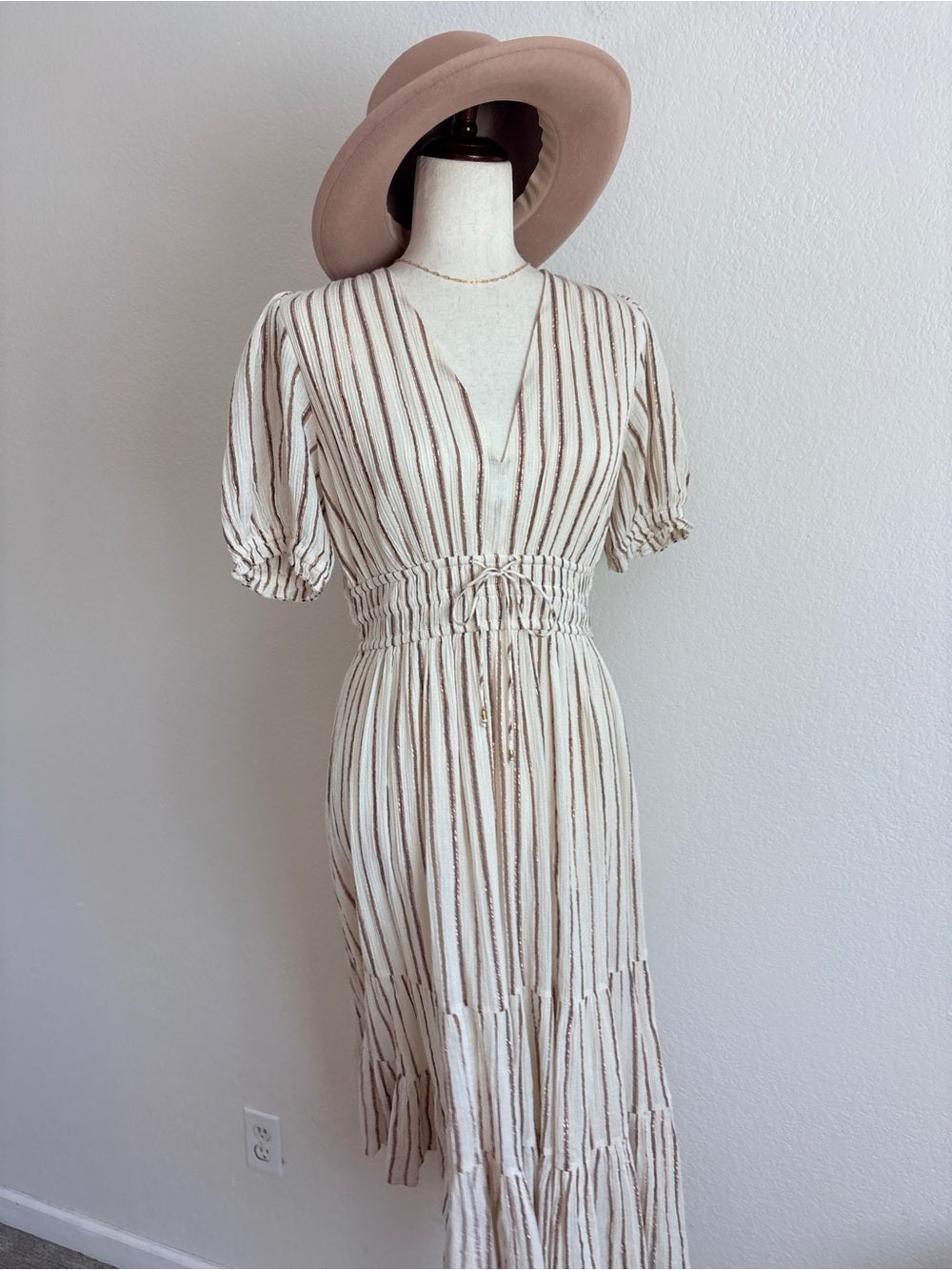 Ulla Johnson Striped Cotton Lurex V-Neck Midi Dress (M)