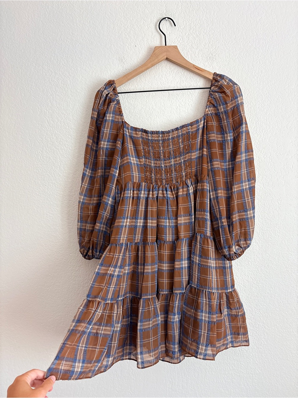Gianni Bini Fall Plaid Puff-Sleeve Tiered Mini Dress Brown (M)