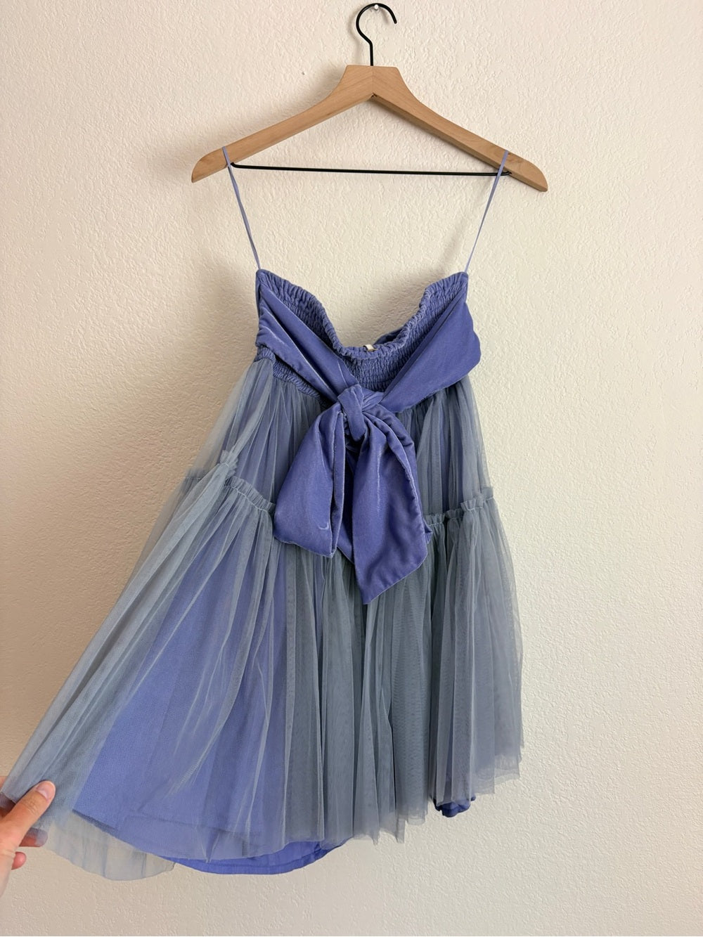 Free People Theo Puff Strapless Light Blue Tulle Mini Dress (M)