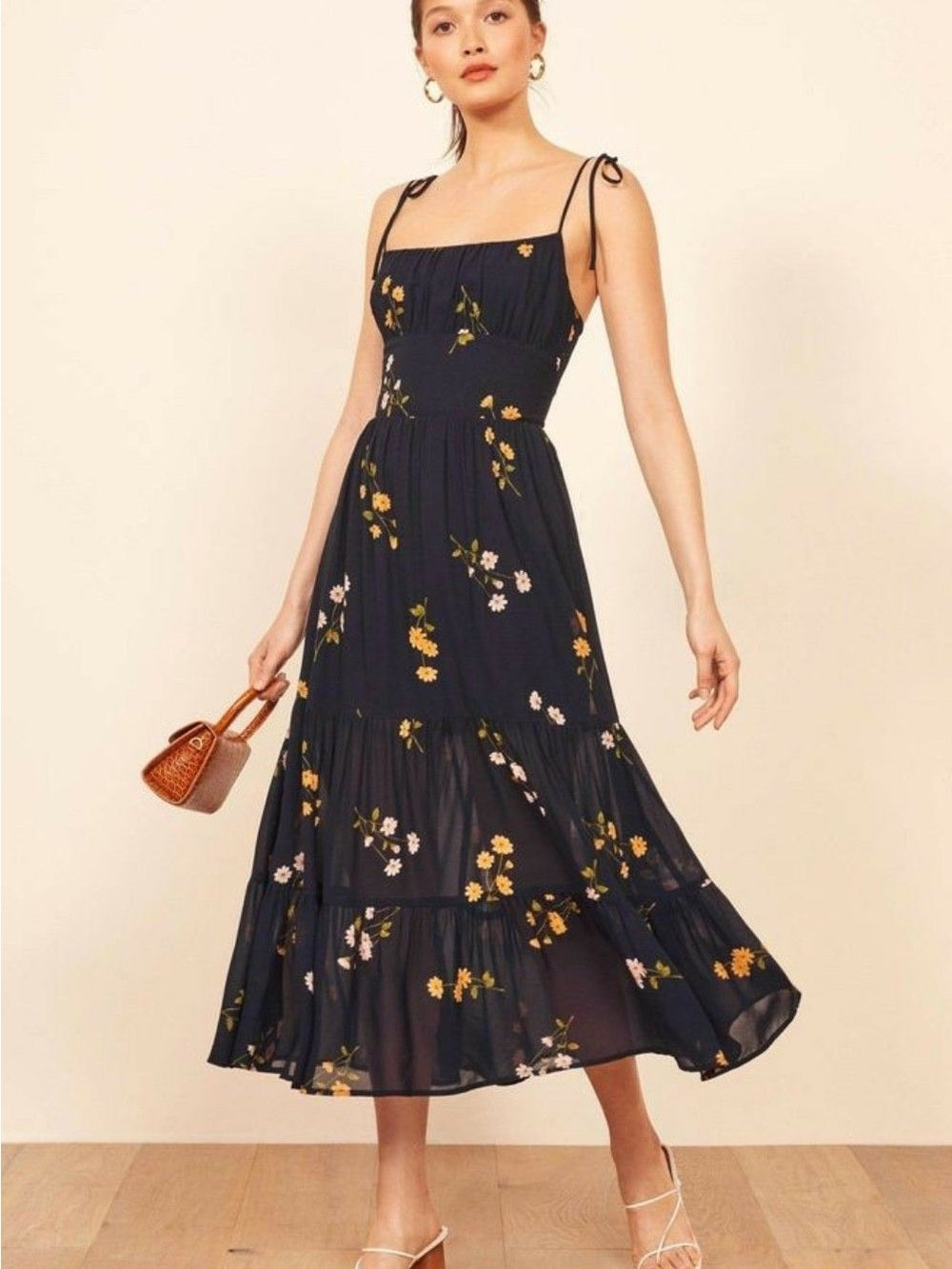 Reformation Kealy Navy Floral Tie-Shoulder Midi Dress (8)