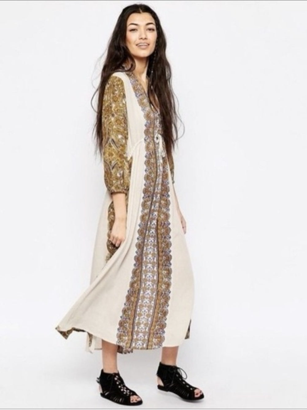 Free People Azalea Bohemian Cream Maxi Dress with Gold Paisley Trim (S)