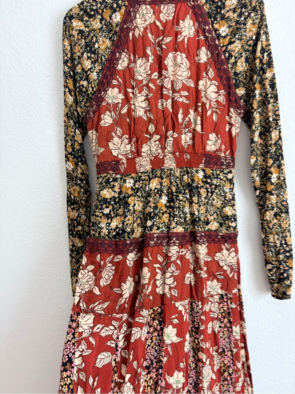 Free People Tilda Patchwork Bohemian Rust Floral Wrap Maxi Dress (M)