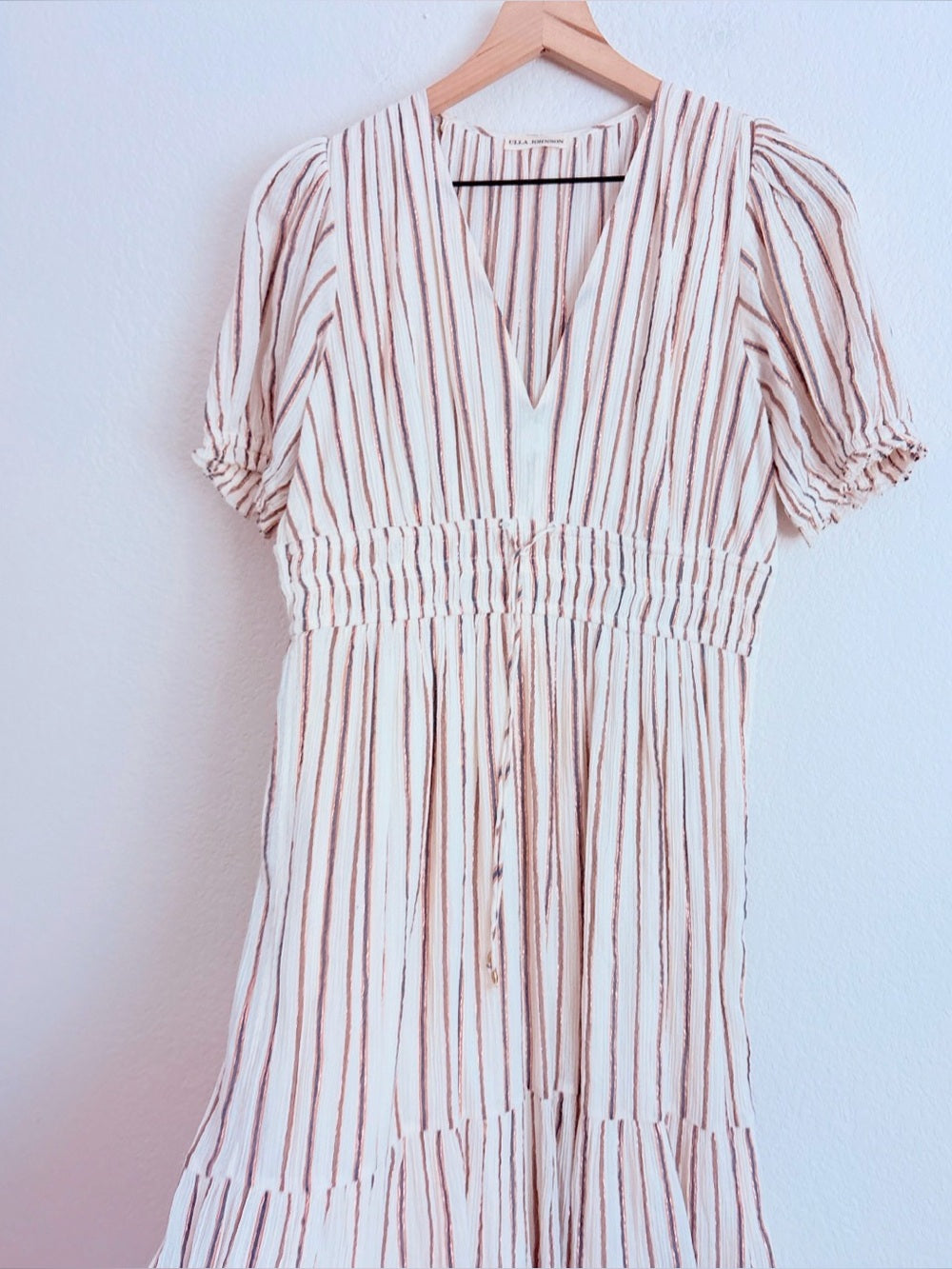 Ulla Johnson Striped Cotton Lurex V-Neck Midi Dress (M)
