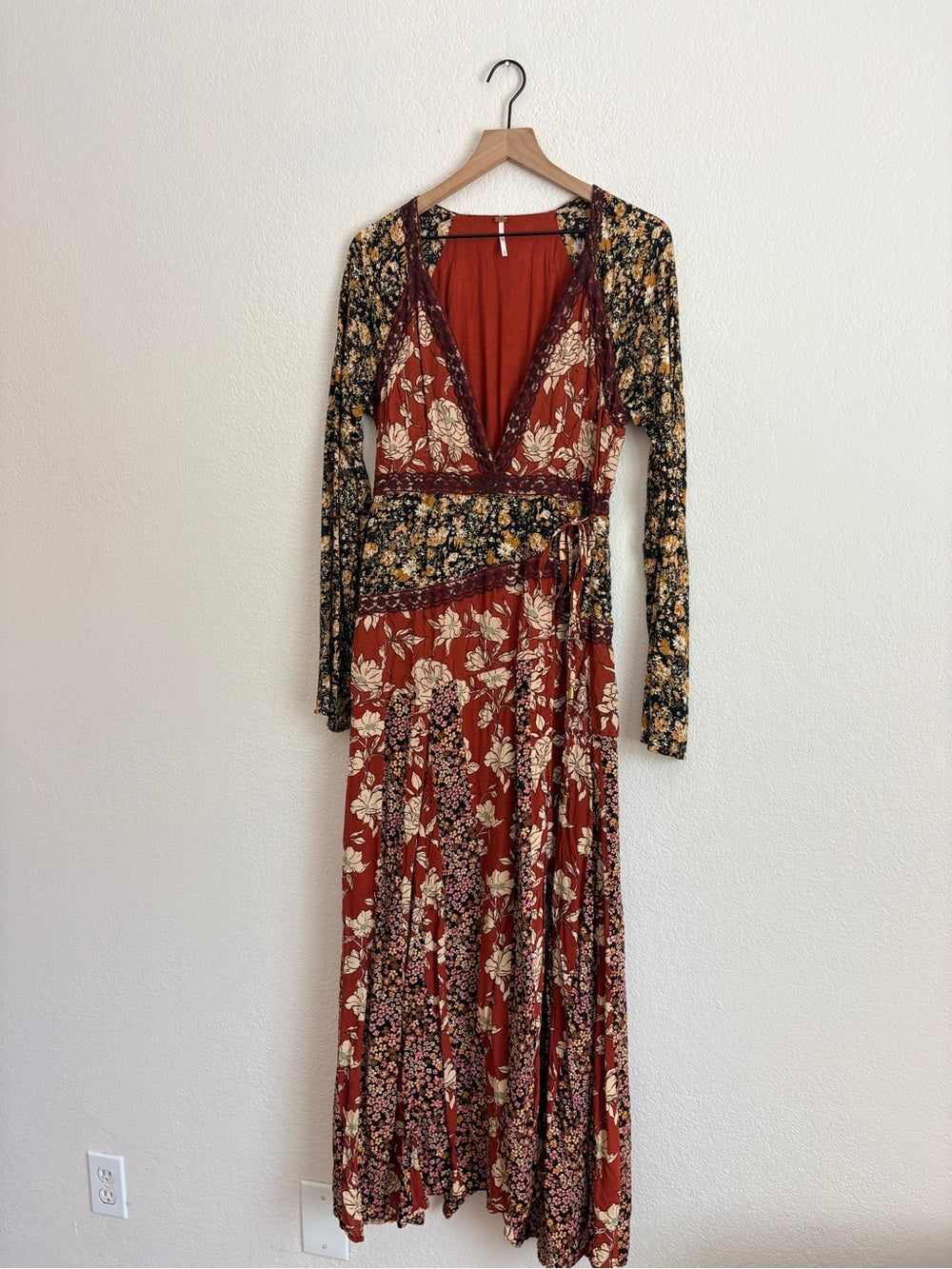Free People Tilda Patchwork Bohemian Rust Floral Wrap Maxi Dress (M)