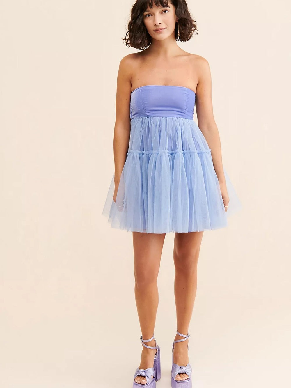 Free People Theo Puff Strapless Light Blue Tulle Mini Dress (M)