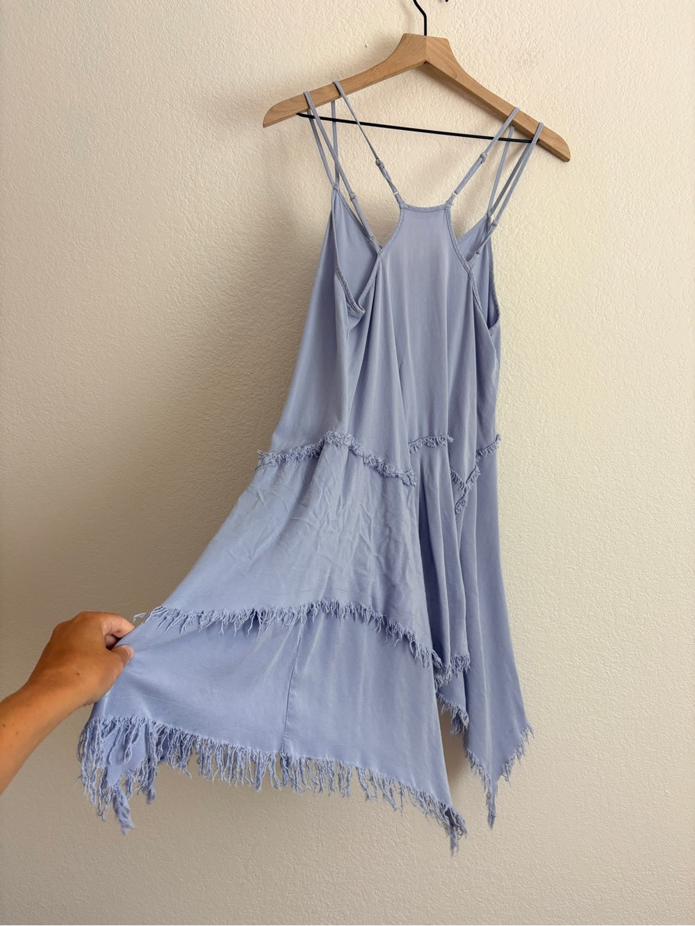 Free People Tattered Up Slip Light Lavender Blue Fringe Dress (XS)