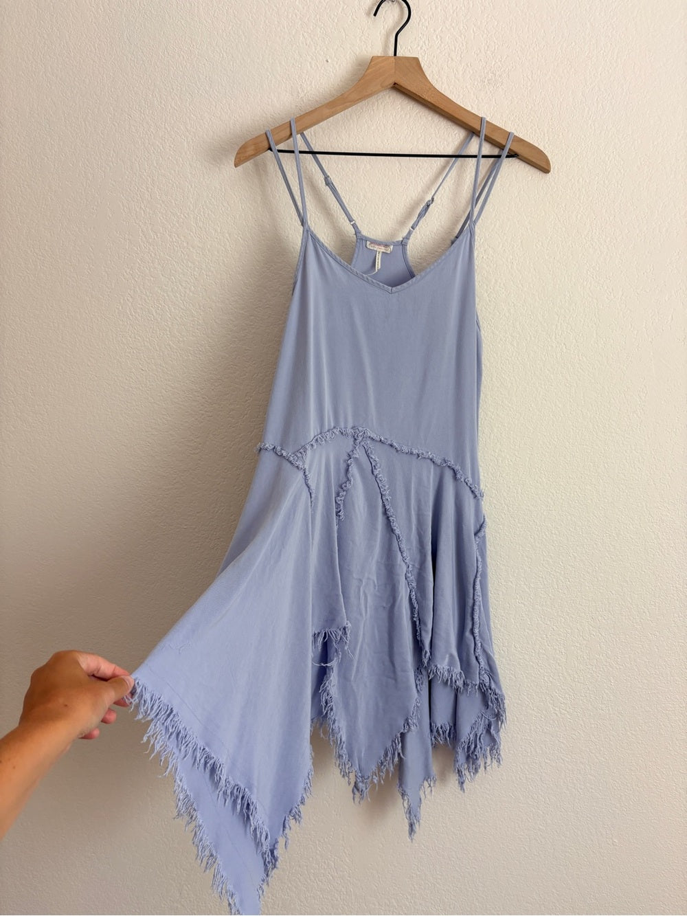 Free People Tattered Up Slip Light Lavender Blue Fringe Dress (XS)