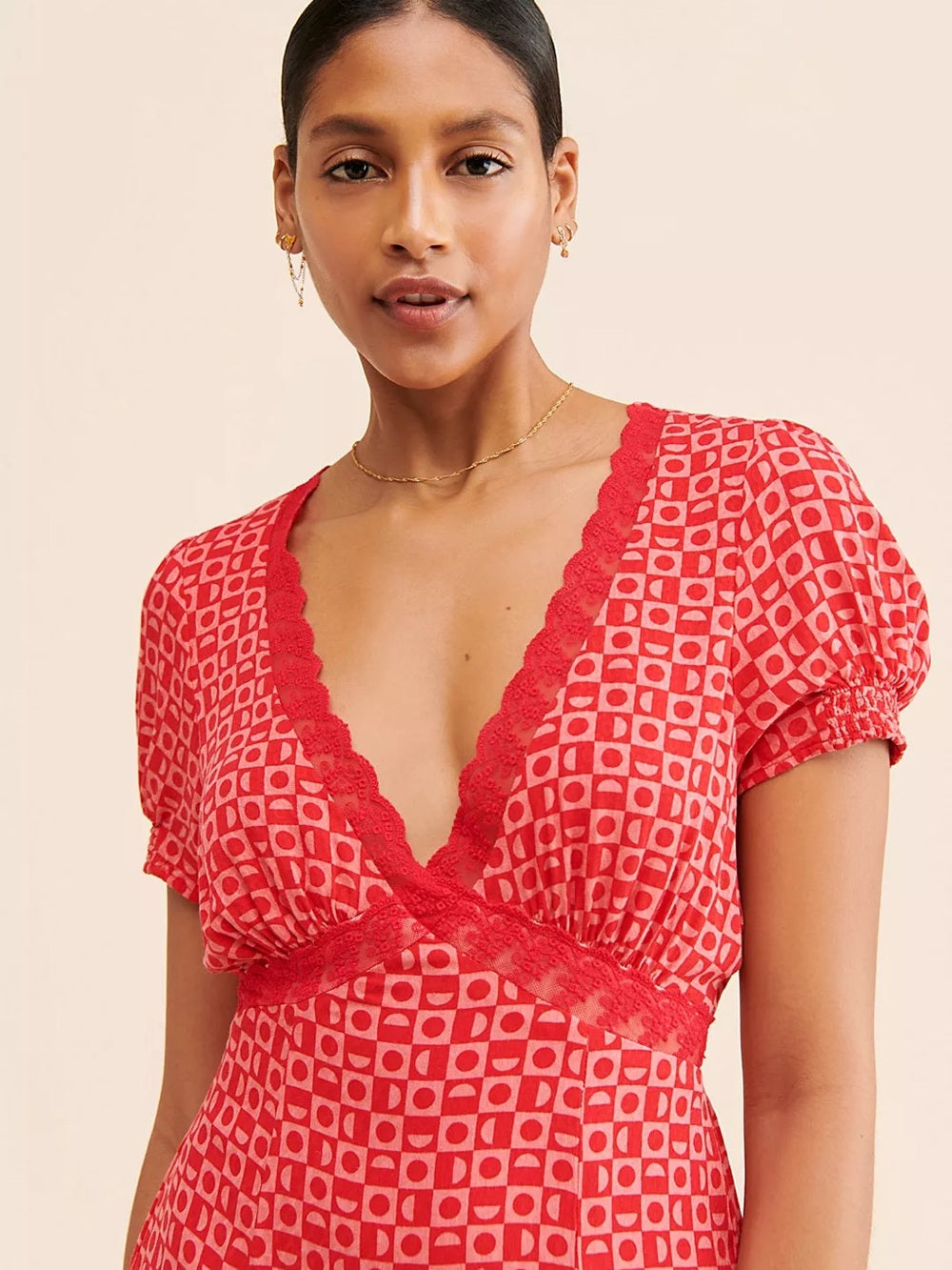 Free People Marley Red Printed V-Neck Dress with Side Slit (S)