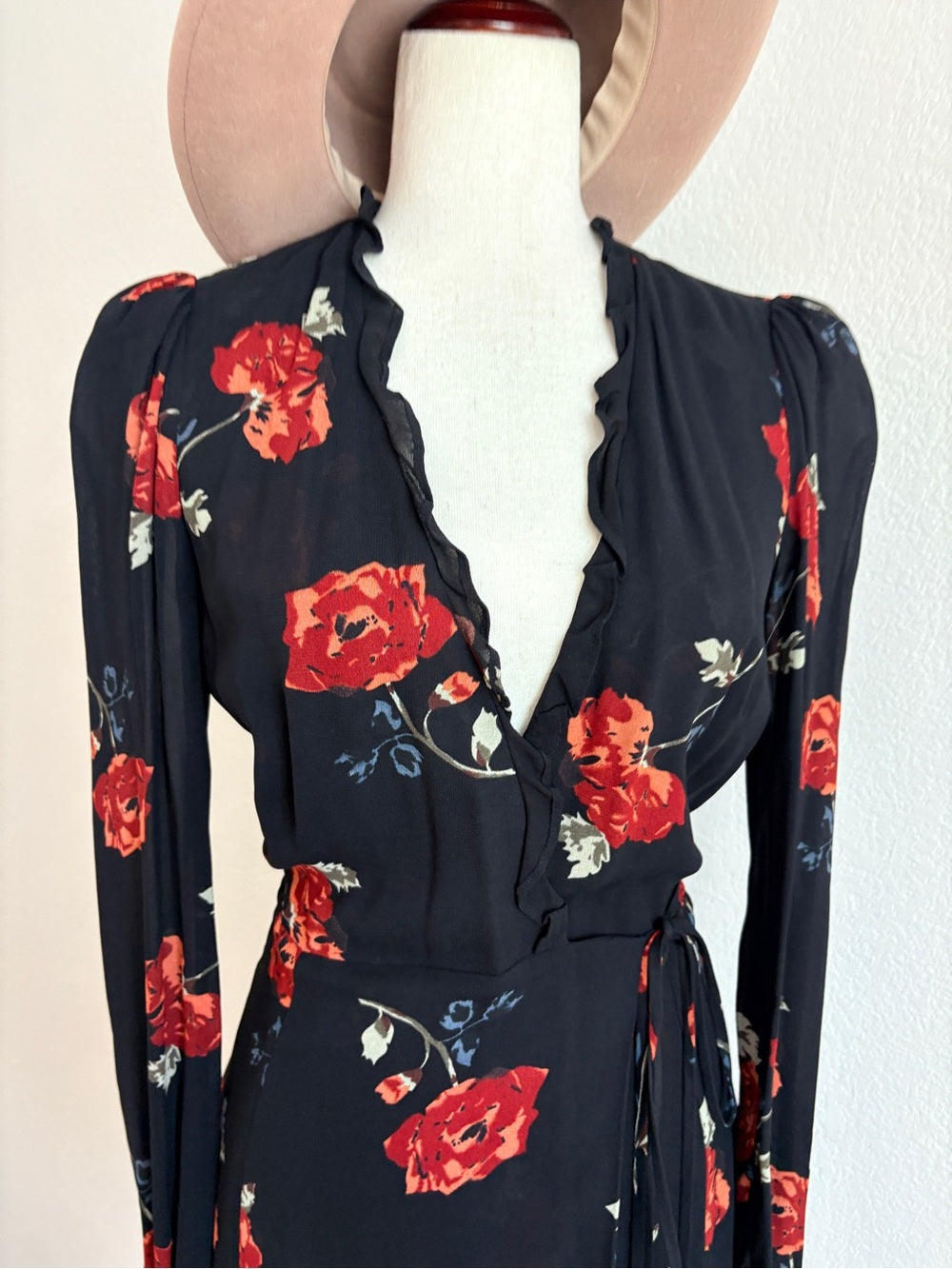 Reformation Delta Floral Black Wrap Dress (XS)