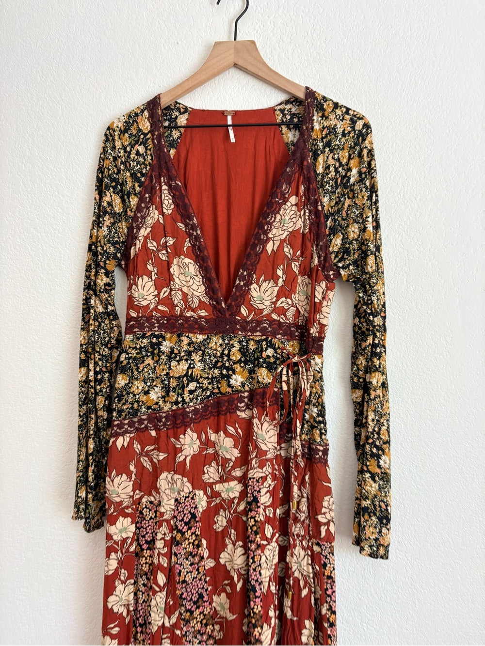 Free People Tilda Patchwork Bohemian Rust Floral Wrap Maxi Dress (M)