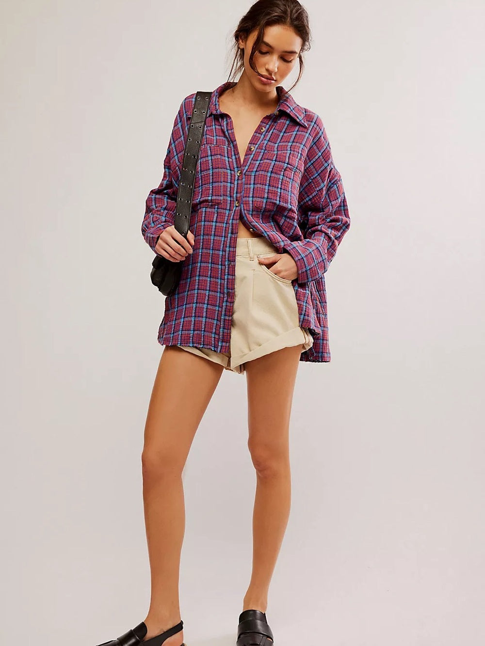 Free People Cardiff Purple Plaid Button-Up (S)