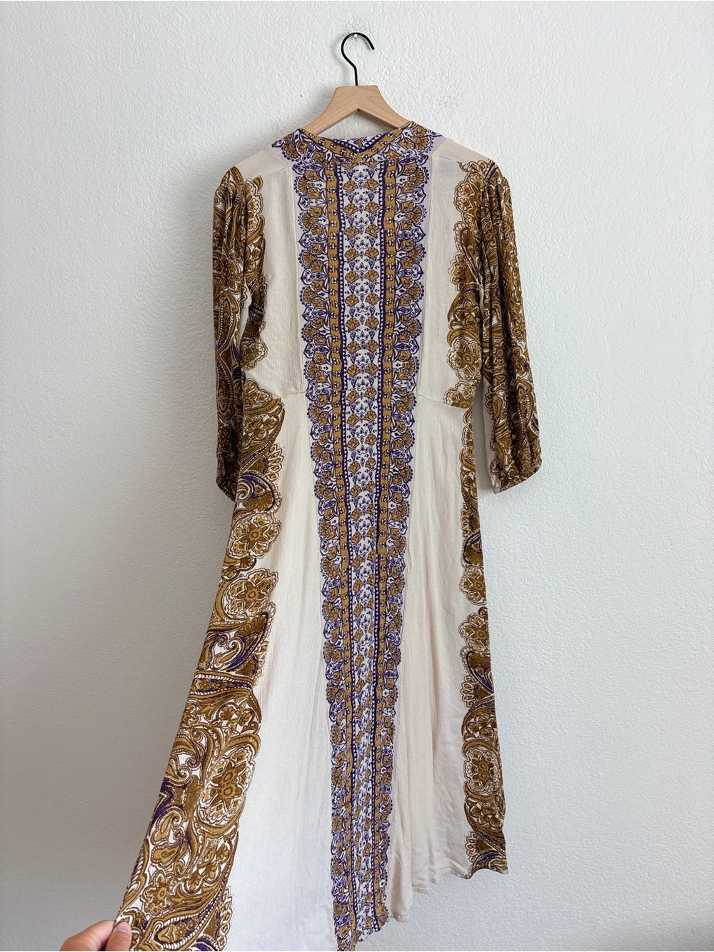 Free People Azalea Bohemian Cream Maxi Dress with Gold Paisley Trim (S)