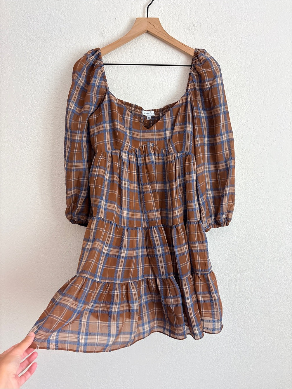 Gianni Bini Fall Plaid Puff-Sleeve Tiered Mini Dress Brown (M)