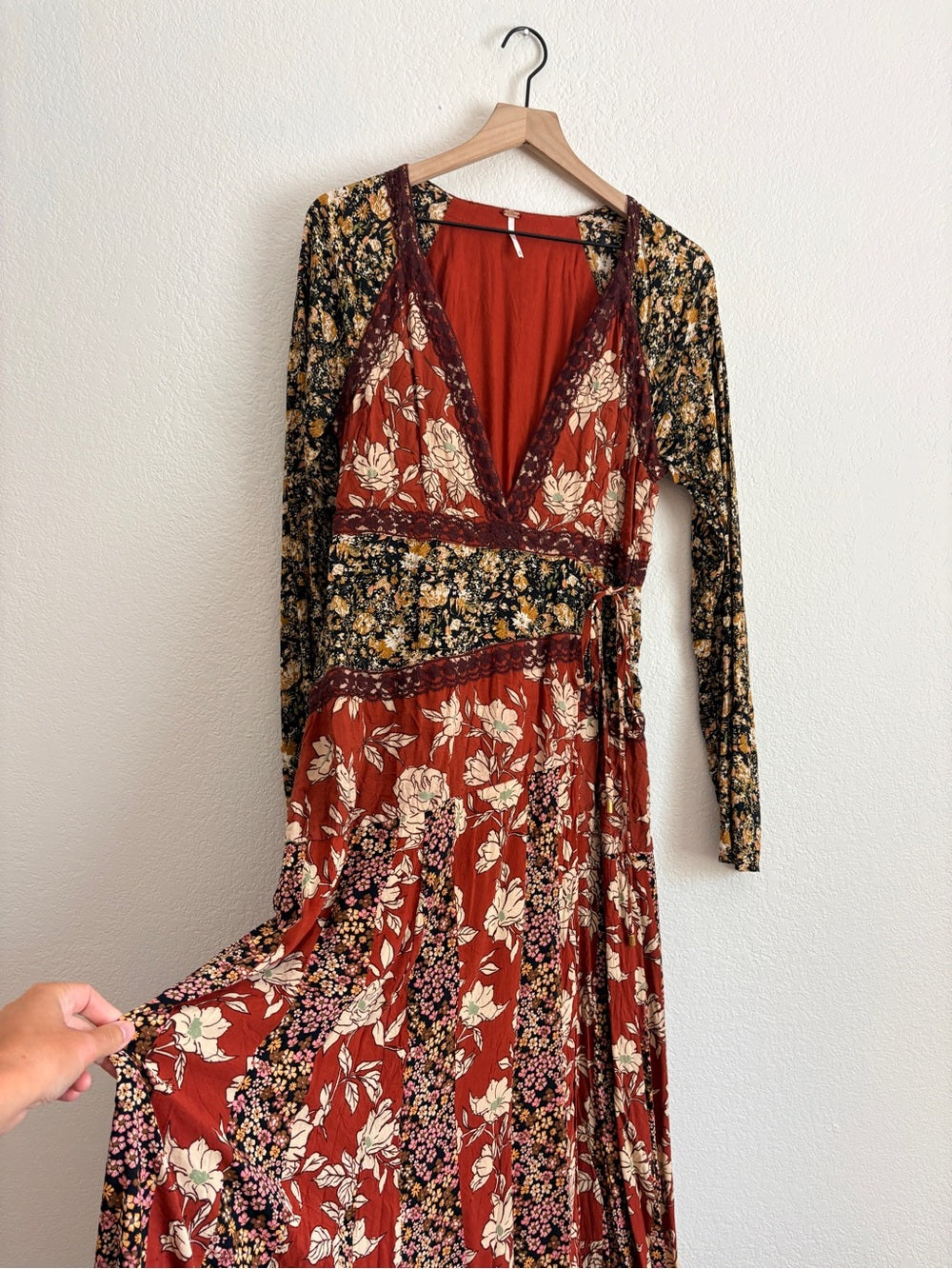 Free People Tilda Patchwork Bohemian Rust Floral Wrap Maxi Dress (M)