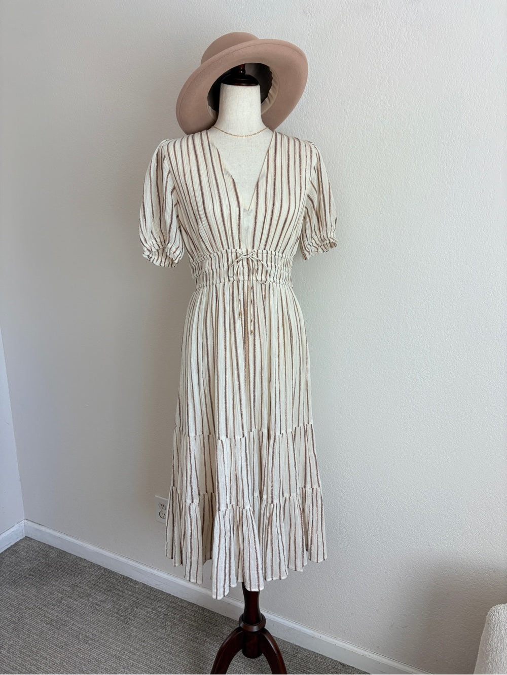 Ulla Johnson Striped Cotton Lurex V-Neck Midi Dress (M)