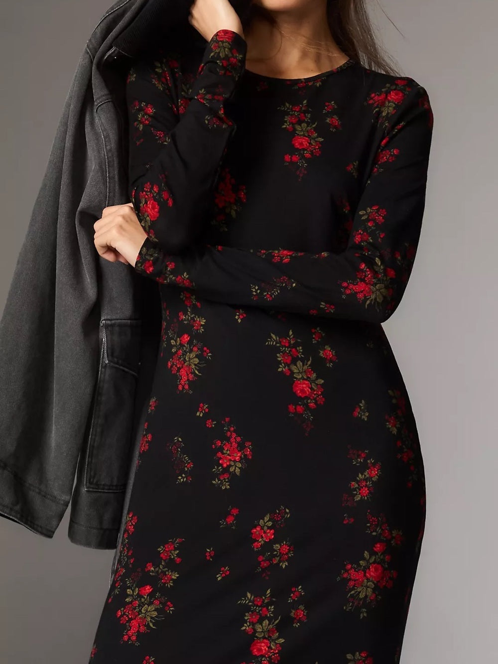 Reformation Black Maxi Dress with Red Floral Print (L)