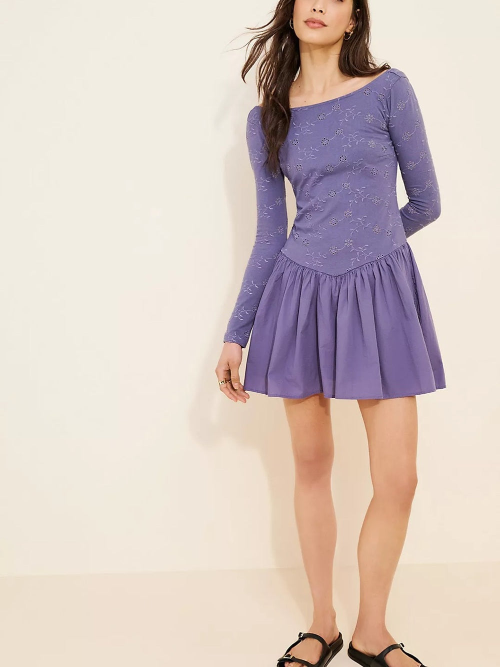 Free People Surley Lilac Embroidered Long Sleeve Fit & Flare Dress (M)