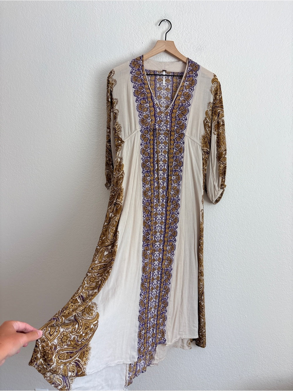 Free People Azalea Bohemian Cream Maxi Dress with Gold Paisley Trim (S)