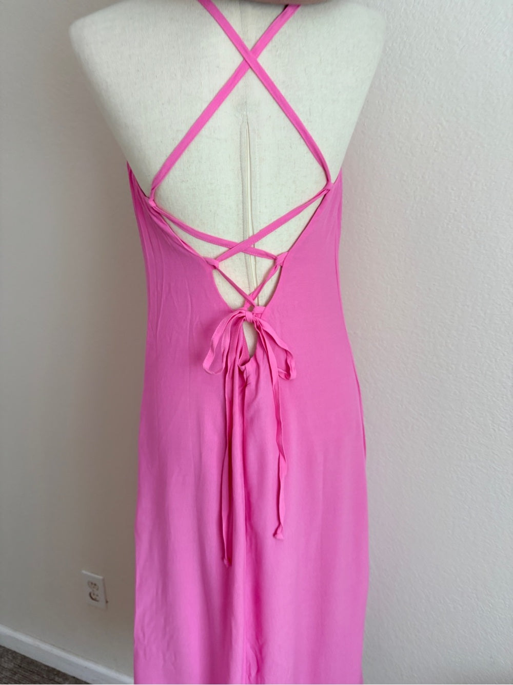 Melissa Obadash Primrose lace-up crepe midi dress in Bubblegum Pink (M)