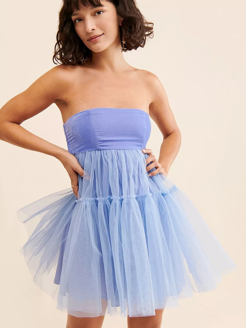 Free People Theo Puff Strapless Light Blue Tulle Mini Dress (M)