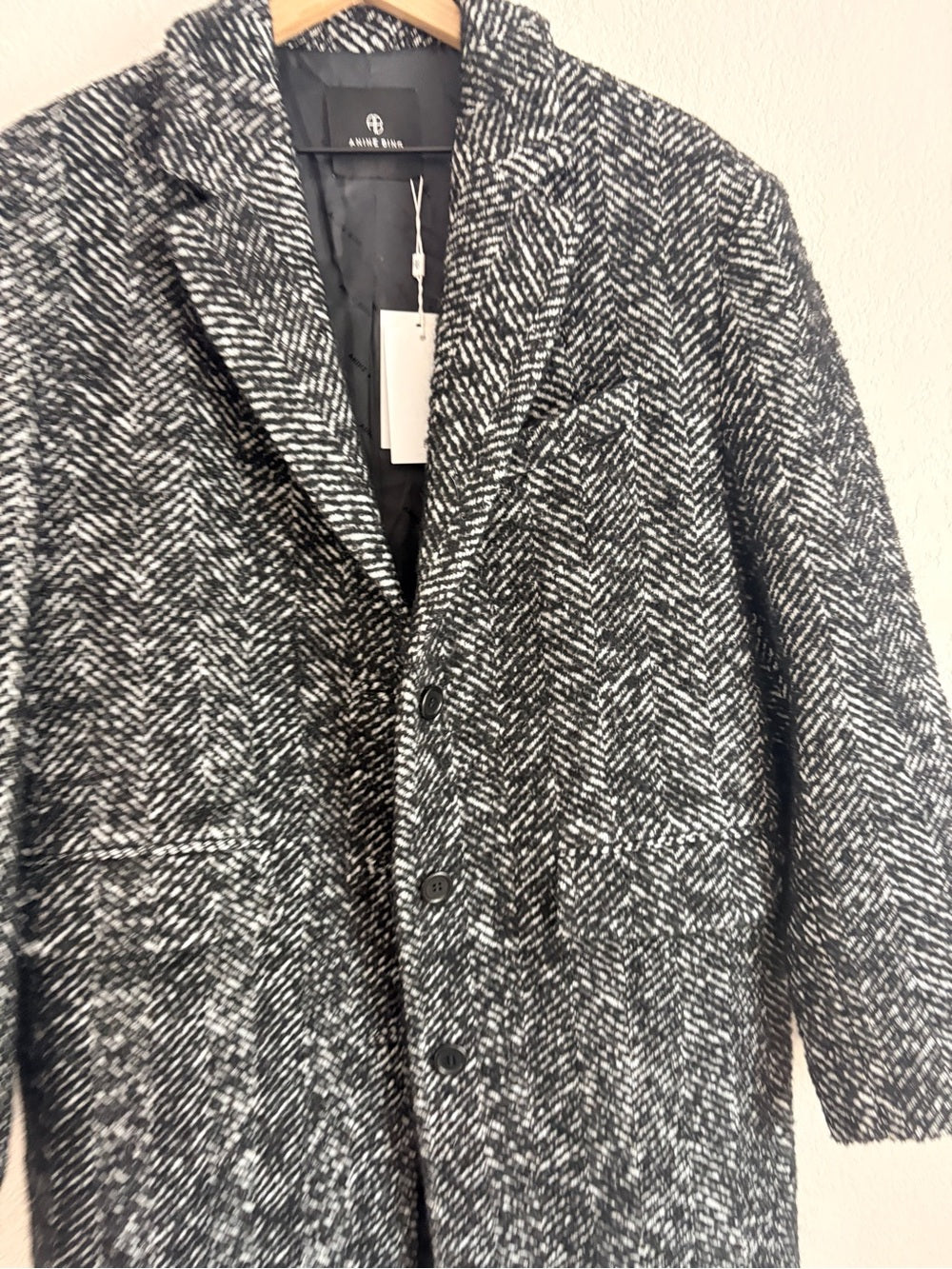 NWT Anine Bing Quinn Wool Long Herringbone Tweed Coat in Black and White (L)