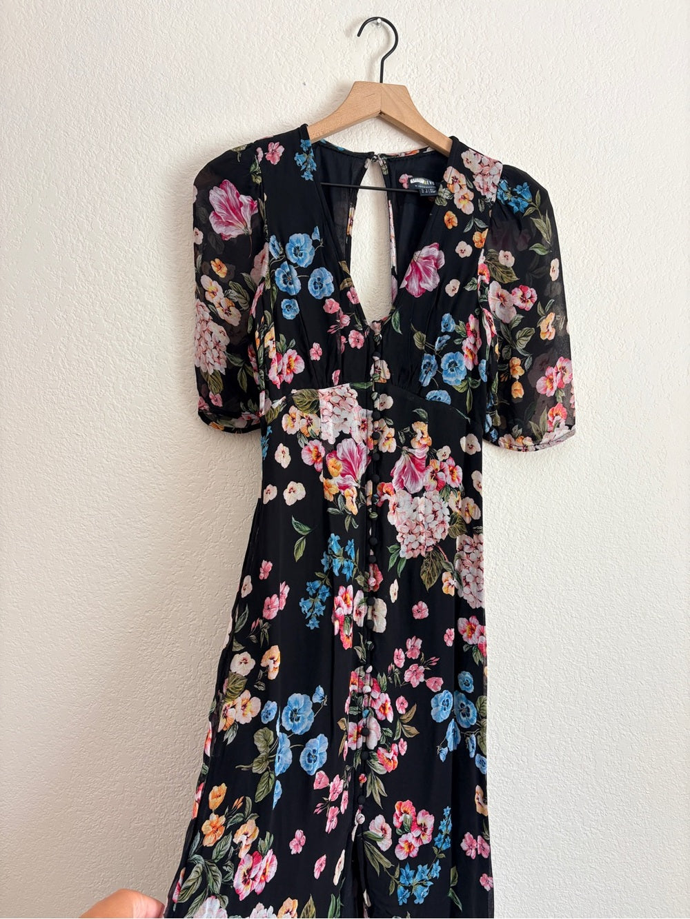 Anthropologie Maeve Floral Puff Sleeve V-Neck Black Midi Dress (2)