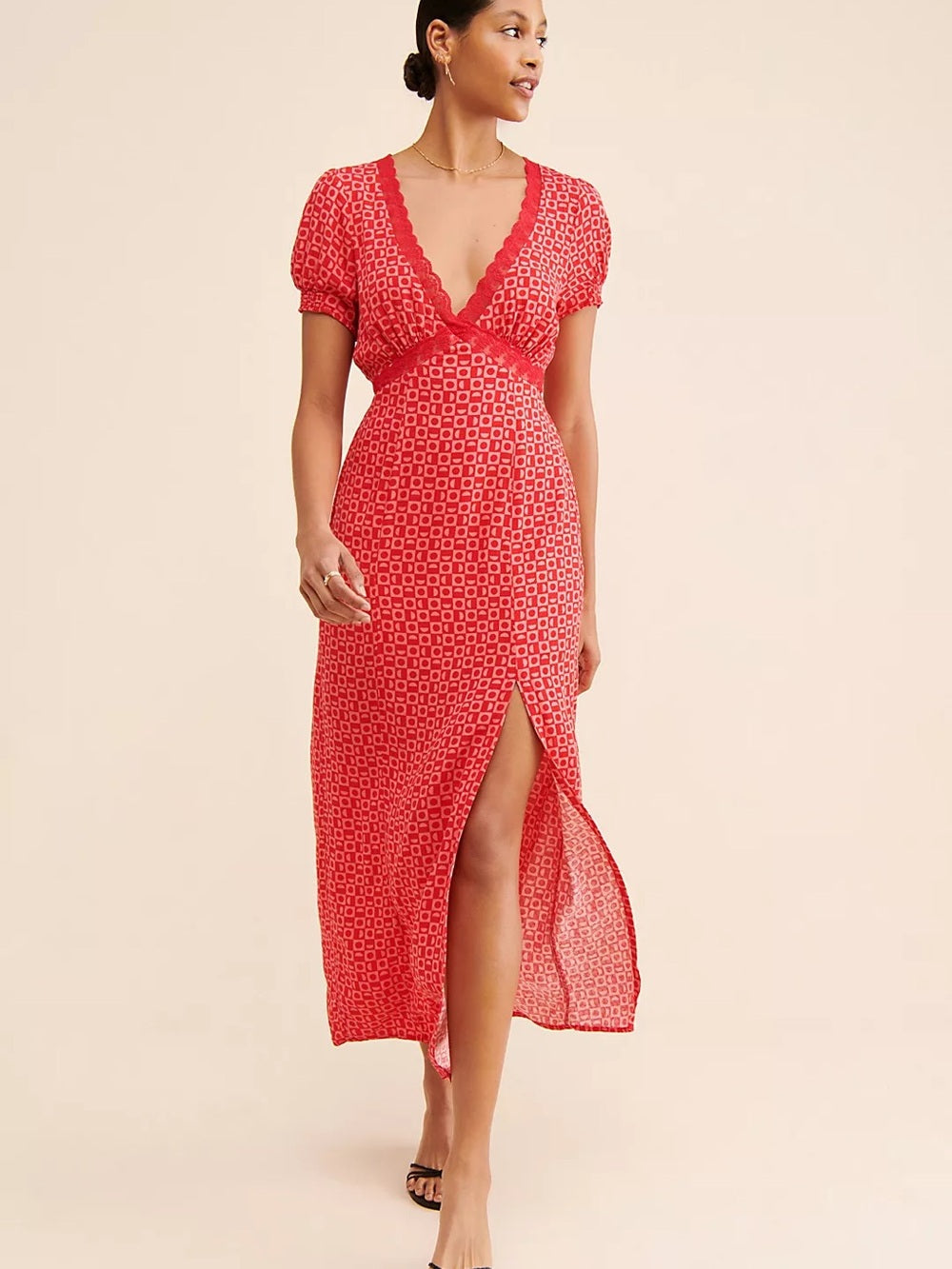 Free People Marley Red Printed V-Neck Dress with Side Slit (S)