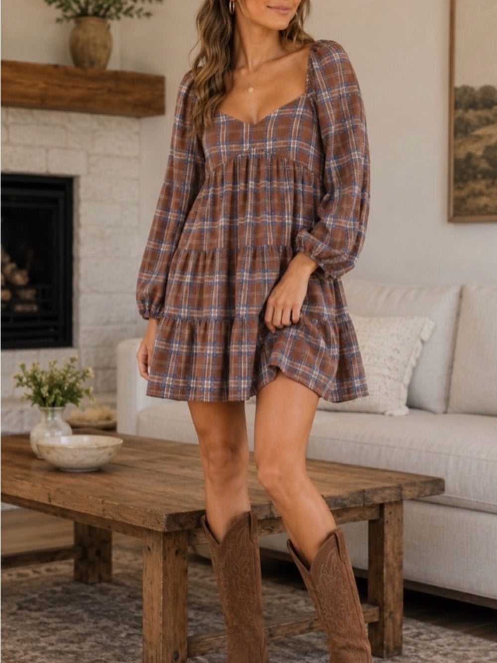 Gianni Bini Fall Plaid Puff-Sleeve Tiered Mini Dress Brown (M)