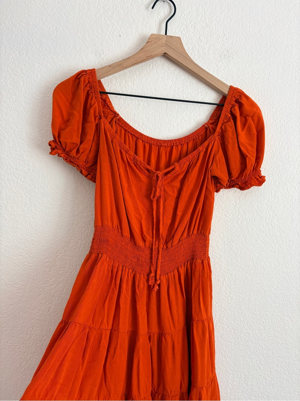 Boutique Tangerine Orange Smocked Tiered Puff Sleeve Dress (S)