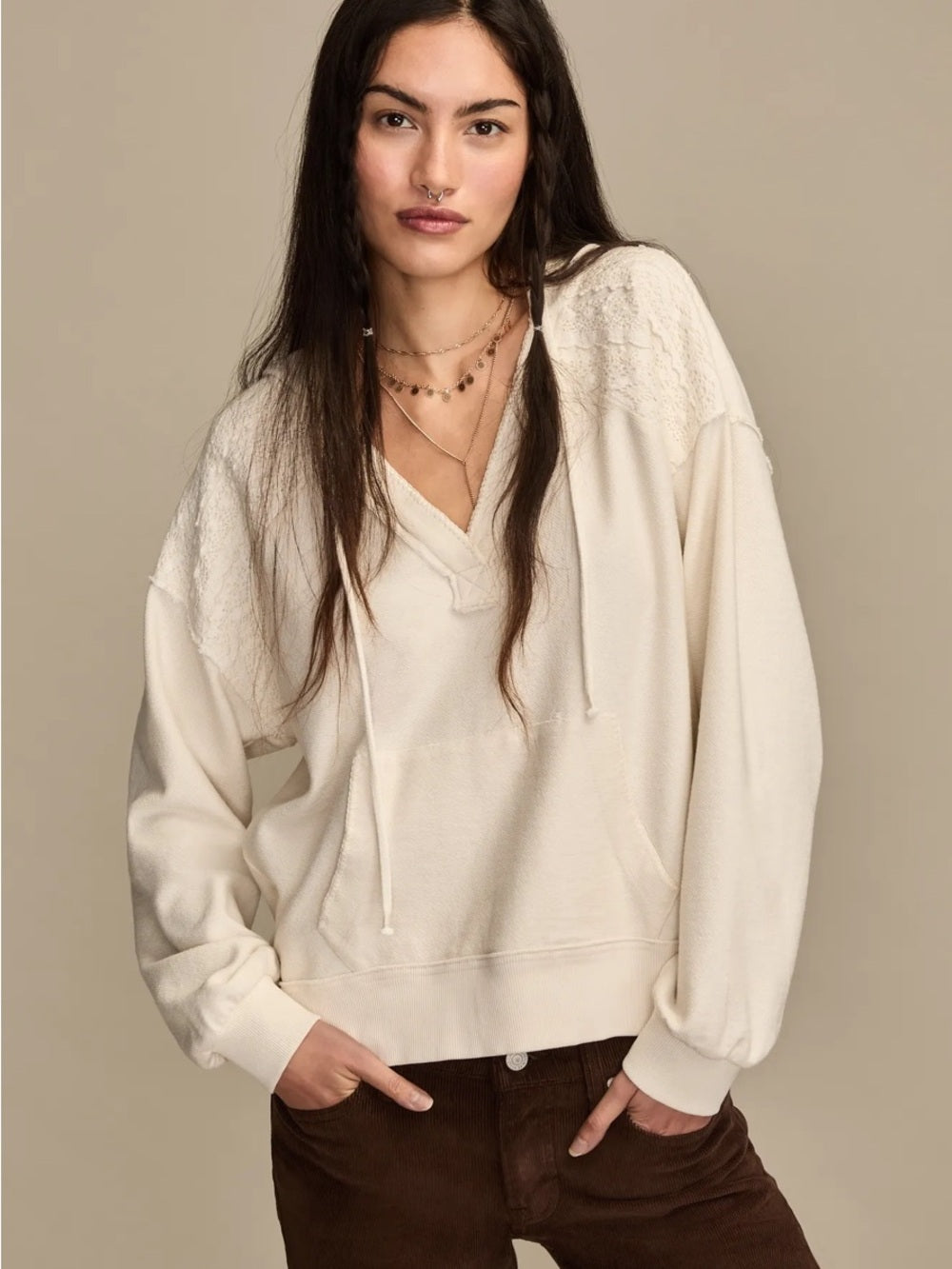 NWT Lucky Brand Crochet Trim Baja Hoodie