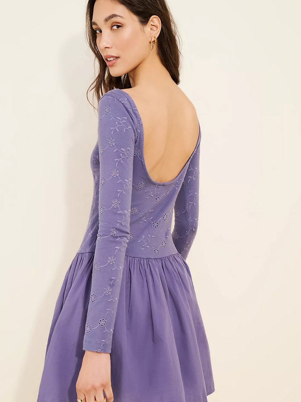 Free People Surley Lilac Embroidered Long Sleeve Fit & Flare Dress (M)